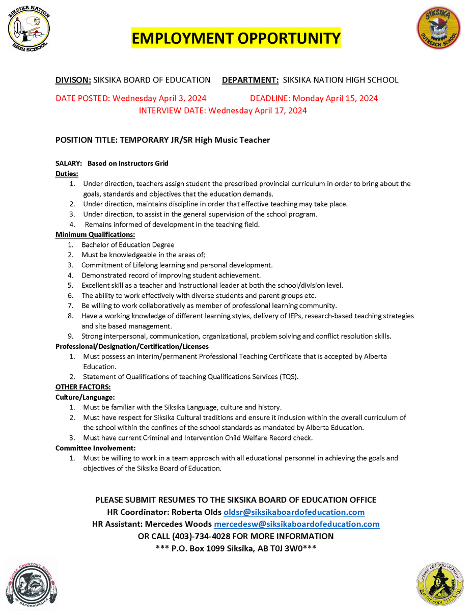 ❗️JOB OPPORTUNITY ❗️ Siksika Board of Education is looking for a music teacher for the Siksika Nation High School. Please see below for more details and apply now! #Siksika #SiksikaNation @Siksika_Nation