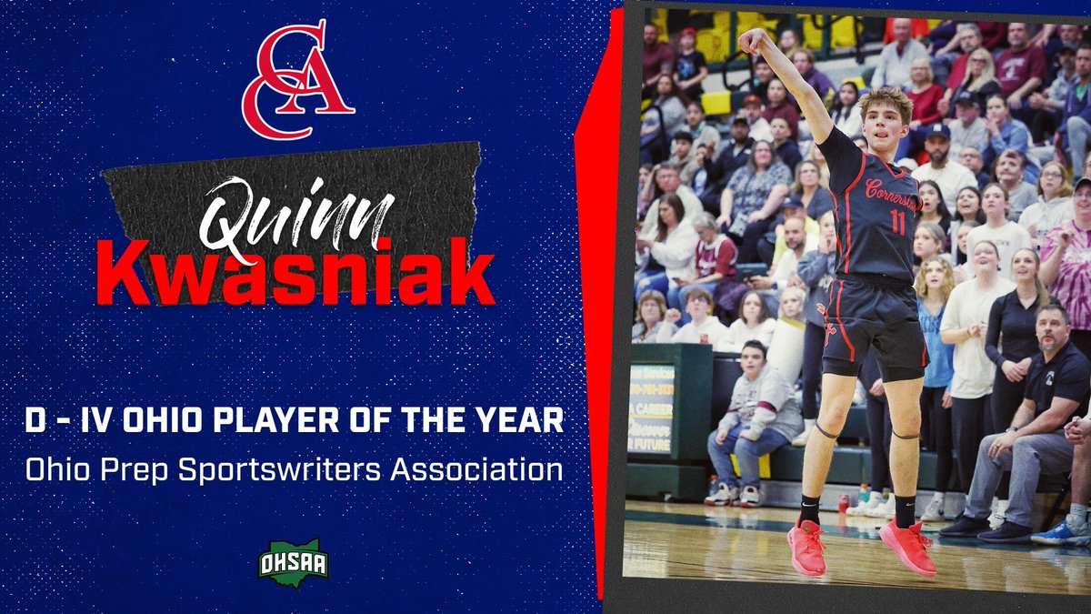 CONGRATULATIONS to our own Quinn Kwasniak being named D-IV OHIO PLAYER OF THE YEAR this past week by the Ohio Prep Sportswriters Association! In a record setting season, Quinn to broke the single season record of 141 3-pointers made. Congratulations, Quinn! @CCA_HOOPS