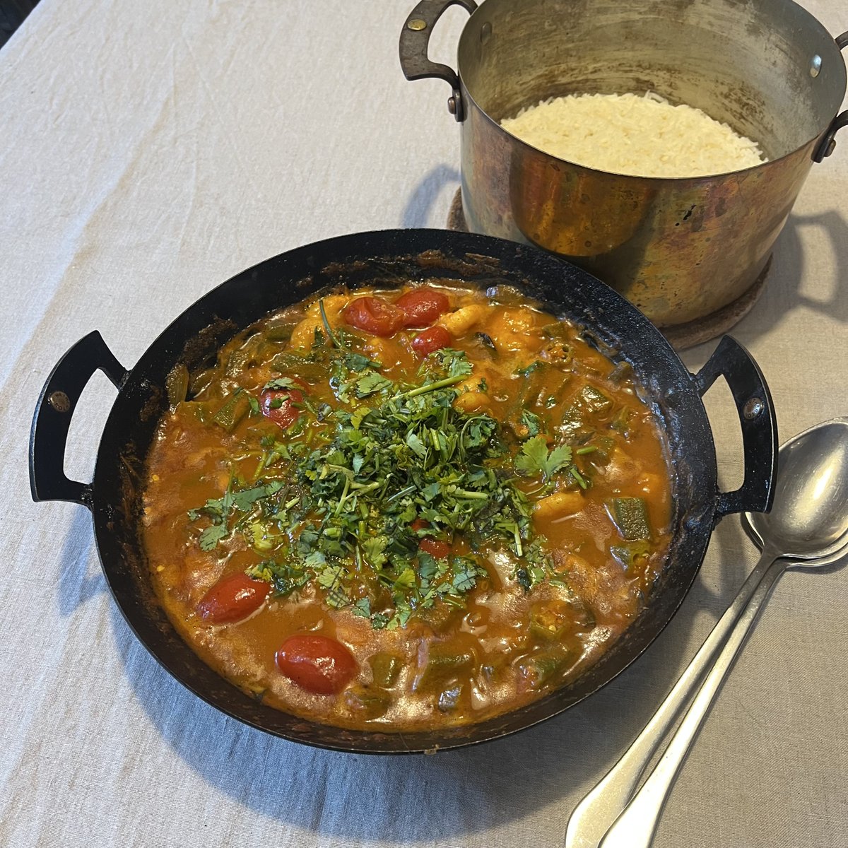Delicious okra and prawn curry, recipe by @abrowntable in VegTable. Curry cooked in one of our prospector pans, rice in a copper stockpot netherton-foundry.co.uk