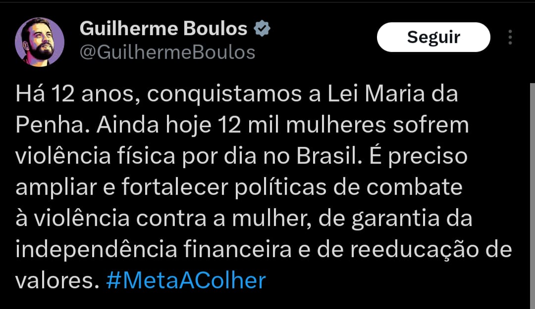 carteiroreaca's tweet photo. Bom dia @GuilhermeBoulos ! Você está certo em condenar agressões contra mulheres, mas, até o momento, nenhuma declaração sua sobre a acusação de agressão da ex-esposa do filho do Lula. O que aconteceu? #MetaAColher https://t.co/DdVfEnDBa3