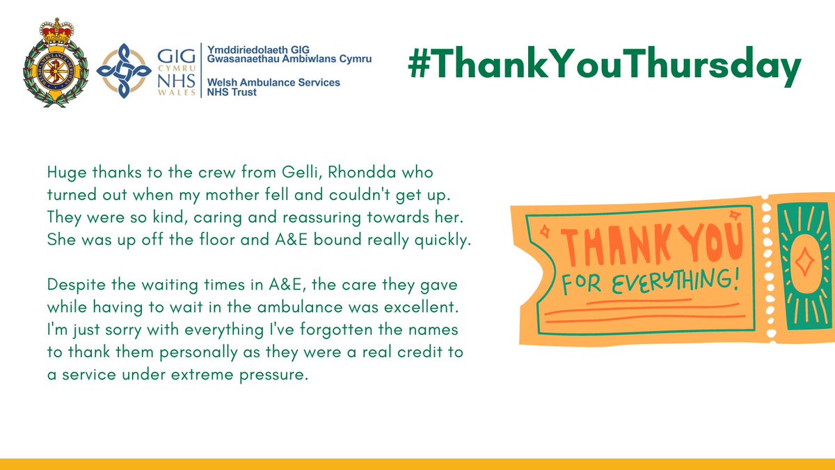 Today's #ThankYouThursday goes out to an #EmergencyMedicalServices Team @WelshAmbulance They are thanked for their kindness, care and reassurance while responding to a fall in the #Rhondda, and praised as 'a real credit to the service'. #TeamWAST