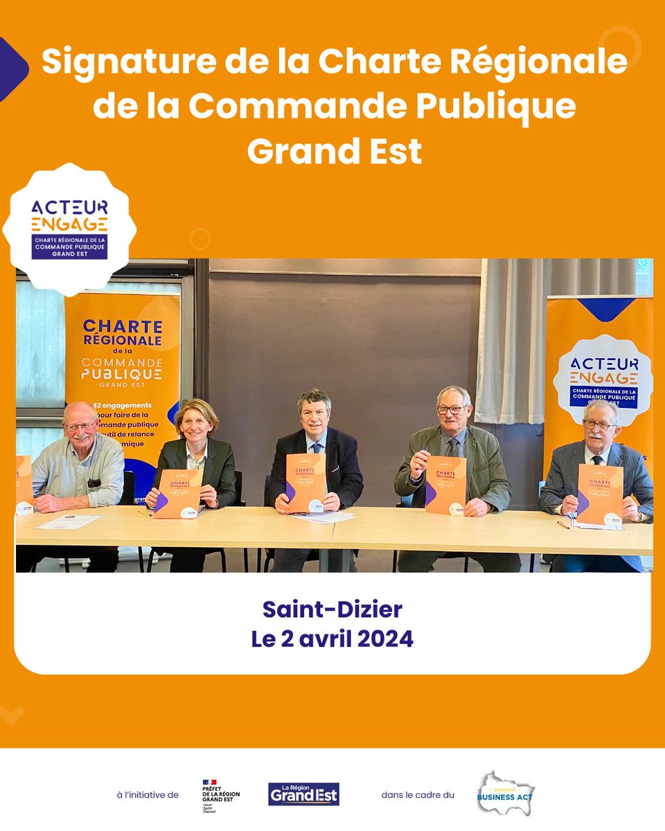 [Signature #CharteRégionaleCommandePublique – Saint-Dizier]

Félicitations aux 6 nouveaux acheteurs ayant signé la Charte à Saint-Dizier !

Elle réunit maintenant 92 acheteurs engagés pour des #achatspublicsdurables et accessibles aux TPE/PME.

 👉bit.ly/charte-CPGE