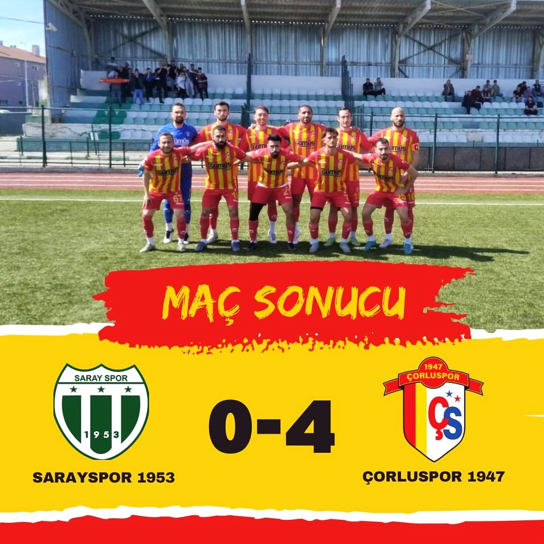 🏆 Çorluspor 1947, deplasmanda karşılaştığı Sarayspor’u Emin Akyıldız (2), Necati Önal ve Mustafa Salış’ın golleriyle 4-0 yenerek BAL 2. Grup'ta şampiyonluğa bir adım daha yaklaştı!
