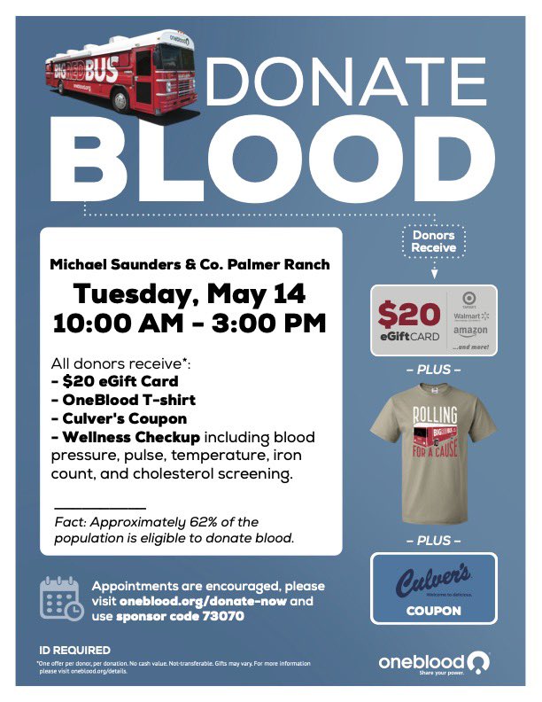 You can make a real difference! #oneblood #sarasota #BigRedBus #michaelsaundersre #donateblood #palmerranch #savinglives