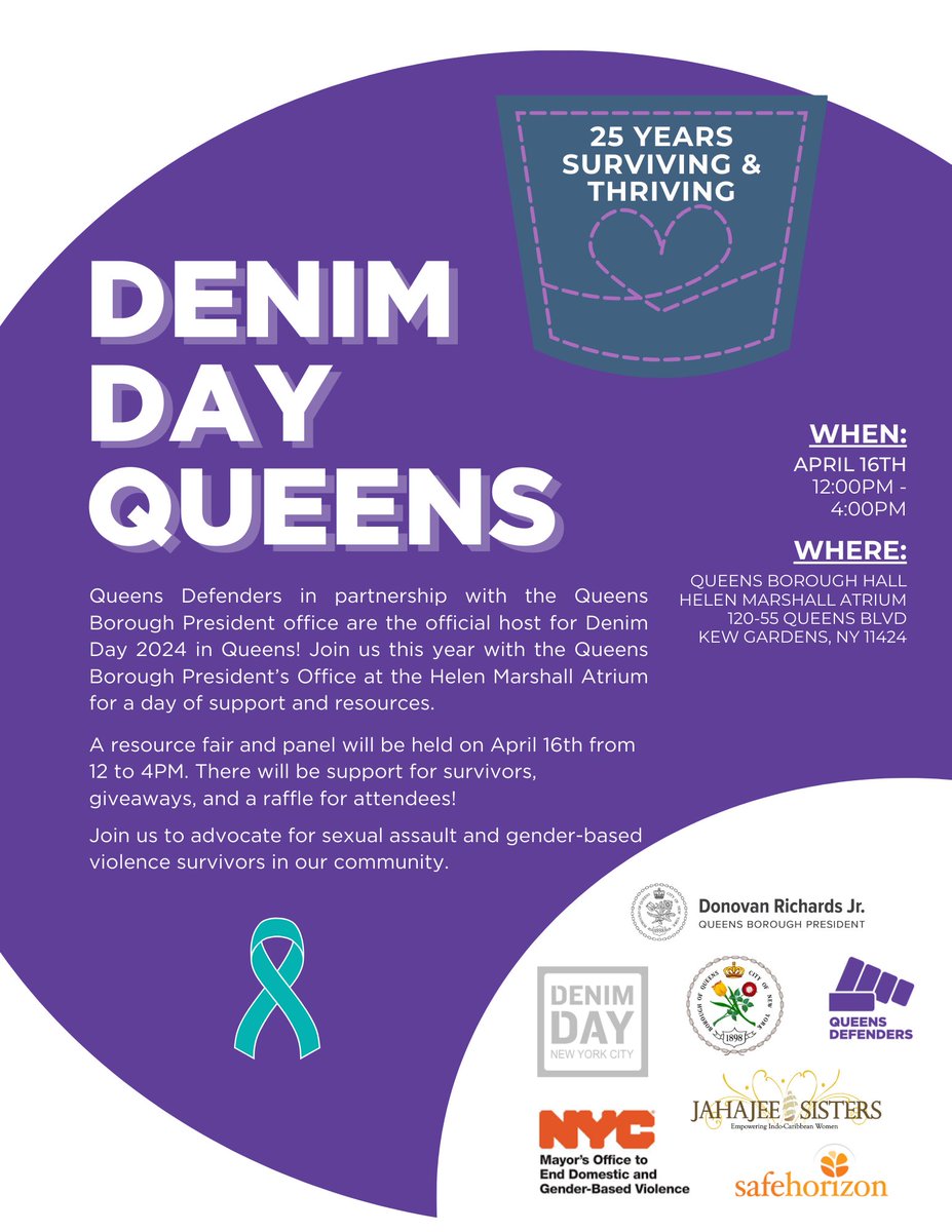 This year Denim Day Queens is on April 16th from 12-4pm at the Queens Borough Hall Helen Marshall Atrium, located at 120-55 Queens Blvd - Kew Gardens, NY 11424. Join us for a day of support at the resource fair and panel discussion.