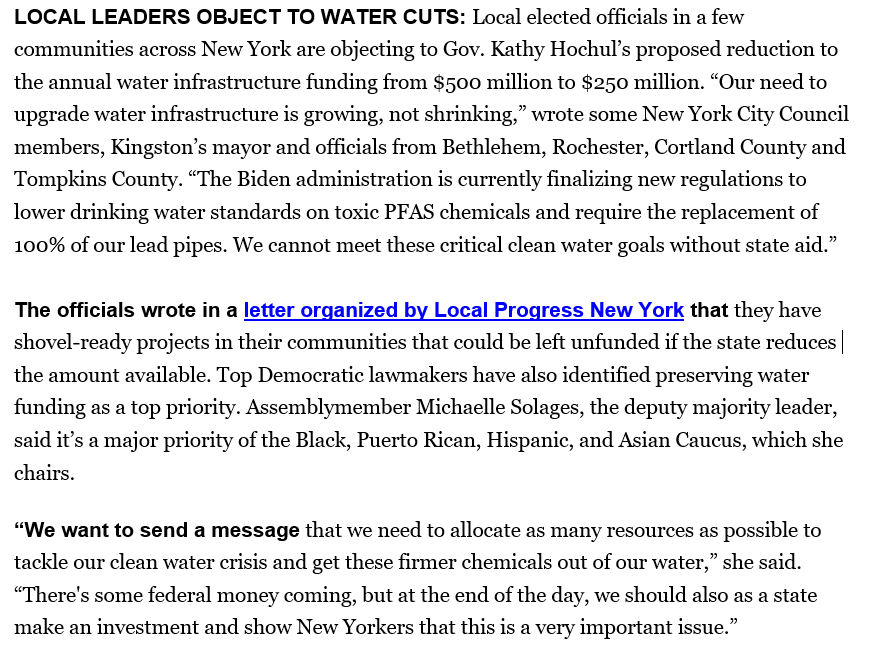 Municipalities across the state are facing immese clean water challenges and we cannot afford funding for the Clean Water Infrastructure Act to be slashed! Thank you @SolagesNY for fighting for clean water and state investments that meet NY's needs!