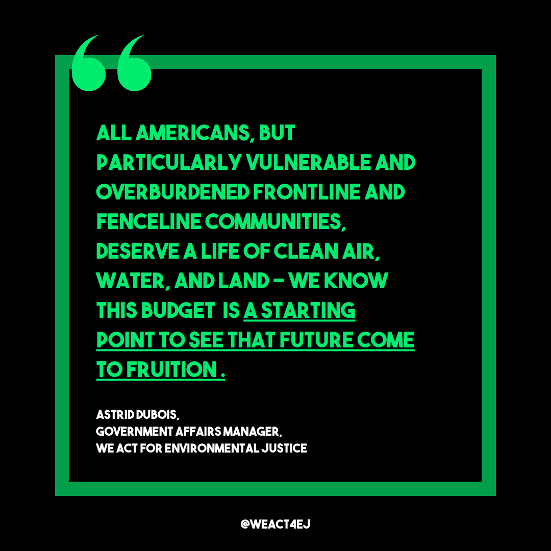 Over *130 Orgs* have spoken: This #EarthMonth WE'RE ALL IN. Dozens of organizations joined WE ACT to make sure that there's greater investment in environmental protection budgets, especially @EPA & #environmentaljustice for 2025! READ MORE & SHARE >> weact.org/2024/04/fiscal…