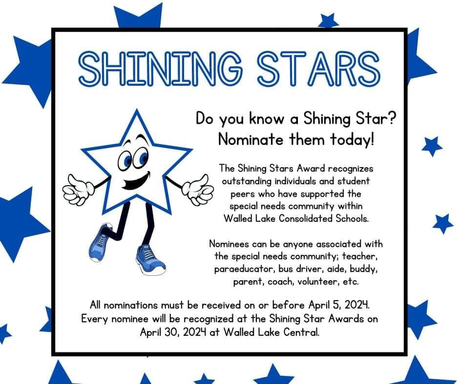 Reminder-this is the last week to nominate a Shining Star!
Do you know a Shining Star who has supported the special needs community within our district?! 📷 Nominate them today for a Shining Star Award! 📷 #WEareWLCSD
Nomination Form 📷
docs.google.com/forms/d/e/1FAI…