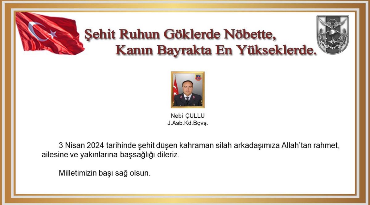 Başımız sağ olsun. 🇹🇷 Kayseri’de vazifesini yaparken yaralanan ve tedavi gördüğü hastanede şehit olan Jandarma Astsubay Kıdemli Başçavuş Nebi Çullu'ya Allah'tan rahmet, ailesine sabır diliyorum.