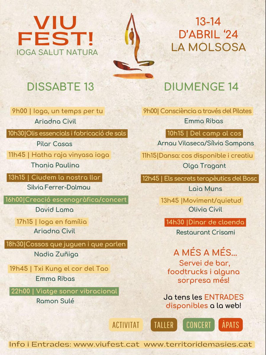 El 13 i el 14 d'abril us convidem a la primera edició de Viu Fest- Ioga, salut, natura i cultura popular al Baix Solsonès. Si veniu de fora, consulteu l'oferta d'allotjament. Més informació: viufest.cat