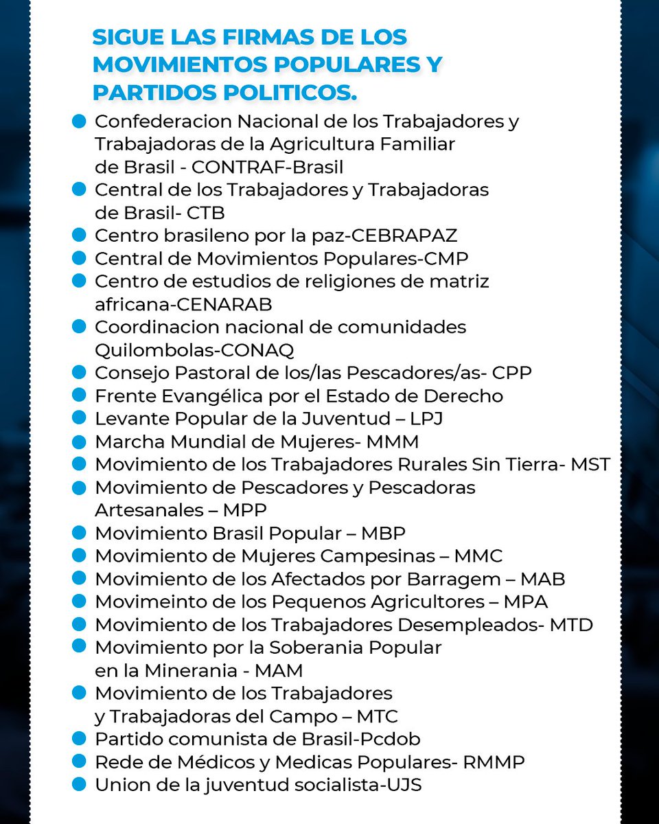 En nombre del presidente <a href="/NicolasMaduro/">Nicolás Maduro</a>, expresamos nuestro agradecimiento a los movimientos populares brasileños por su solidaridad en este mensaje que analiza con rigor la situación política en Venezuela e insta al respeto hacia nuestro pueblo y su legítimo derecho a la