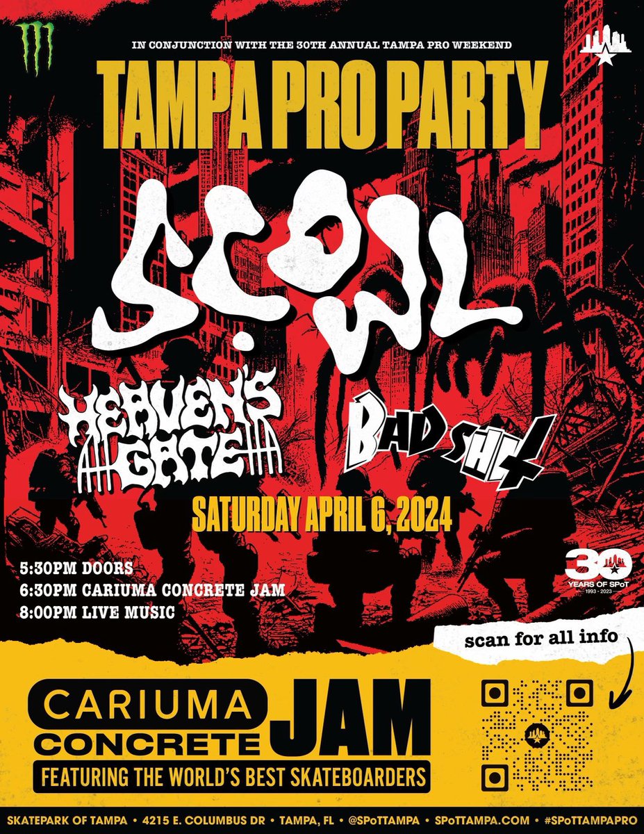 SCOWL is playing the Tampa Pro Party this Saturday April 6th 2024 at Skatepark Of Tampa