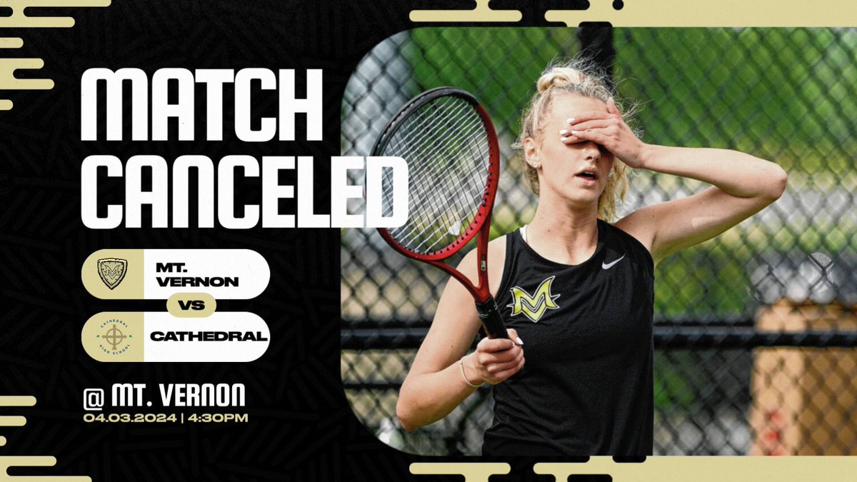 #MatchCanceled

We’re with Kylie here! Bummed that the weather couldn’t hold off for our season opener! We will be back tomorrow at MV against Pendleton Heights!

🎾 >> Girls Tennis
🆚 >> Cathedral
📍 >> Mt. Vernon High School
⏱️ >> CANCELED

#DefendTheShield