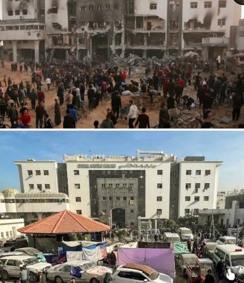 Before and after the images of Al Shifa hospital which was totally destroyed by the #Zionists occupiers goons in the #Gaza, where two weeks of Israeli IOF siege lift charred buildings and bodies strewn about. Zionists are an updated version of Nazis. Images courtesy# TRT world