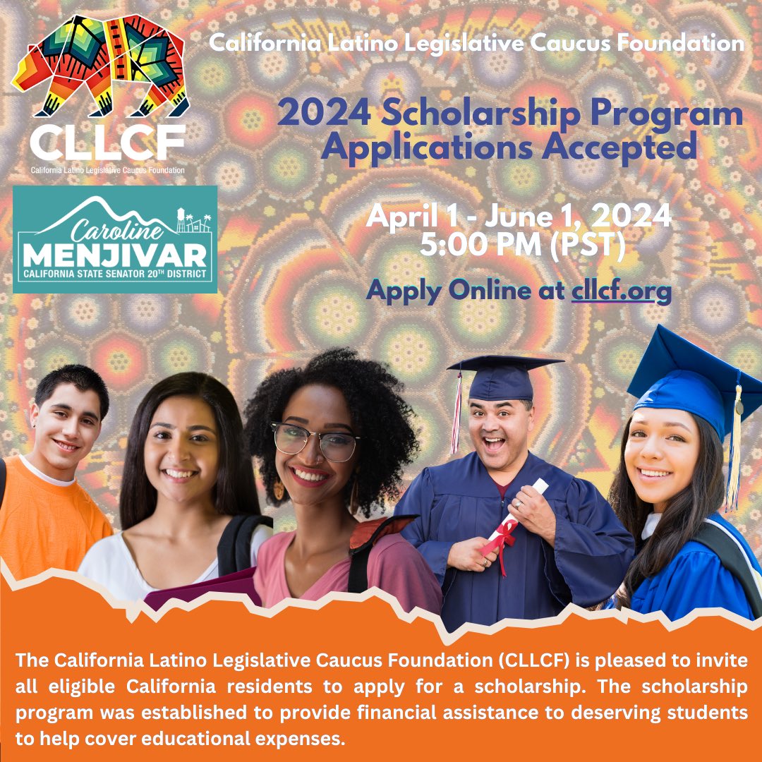 SenatorMenjivar's tweet photo. 🚨: The #CA @LatinoCaucus Foundation Scholarship Program is now accepting online applications! 📚Apply by June 1 at 5 PM for a chance to receive a $5,000 scholarship to help cover college expenses.
📌Details at https://t.co/I7cJPsR1Gu.
#LatinoScholars #CLLCF https://t.co/TvZqiExtfm