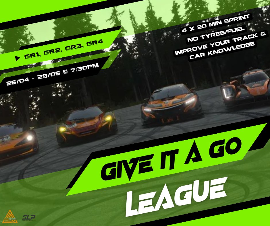 race_asylum's tweet photo. GIVE IT A GO LEAGUE

A league designed to help improve your track/car knowledge 
Friday 26th April - Friday 28th June 2024
Lobby Opens - 7:30pm BST

1 track each week with 4 x 20 min sprint races
Each race in a different Gr car https://t.co/chJJZDgUvh