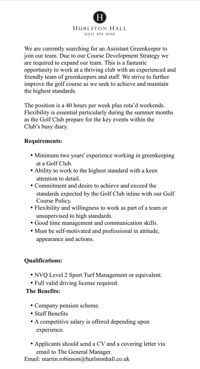 We are recruiting an Assistant Greenkeeper. Please see info below.