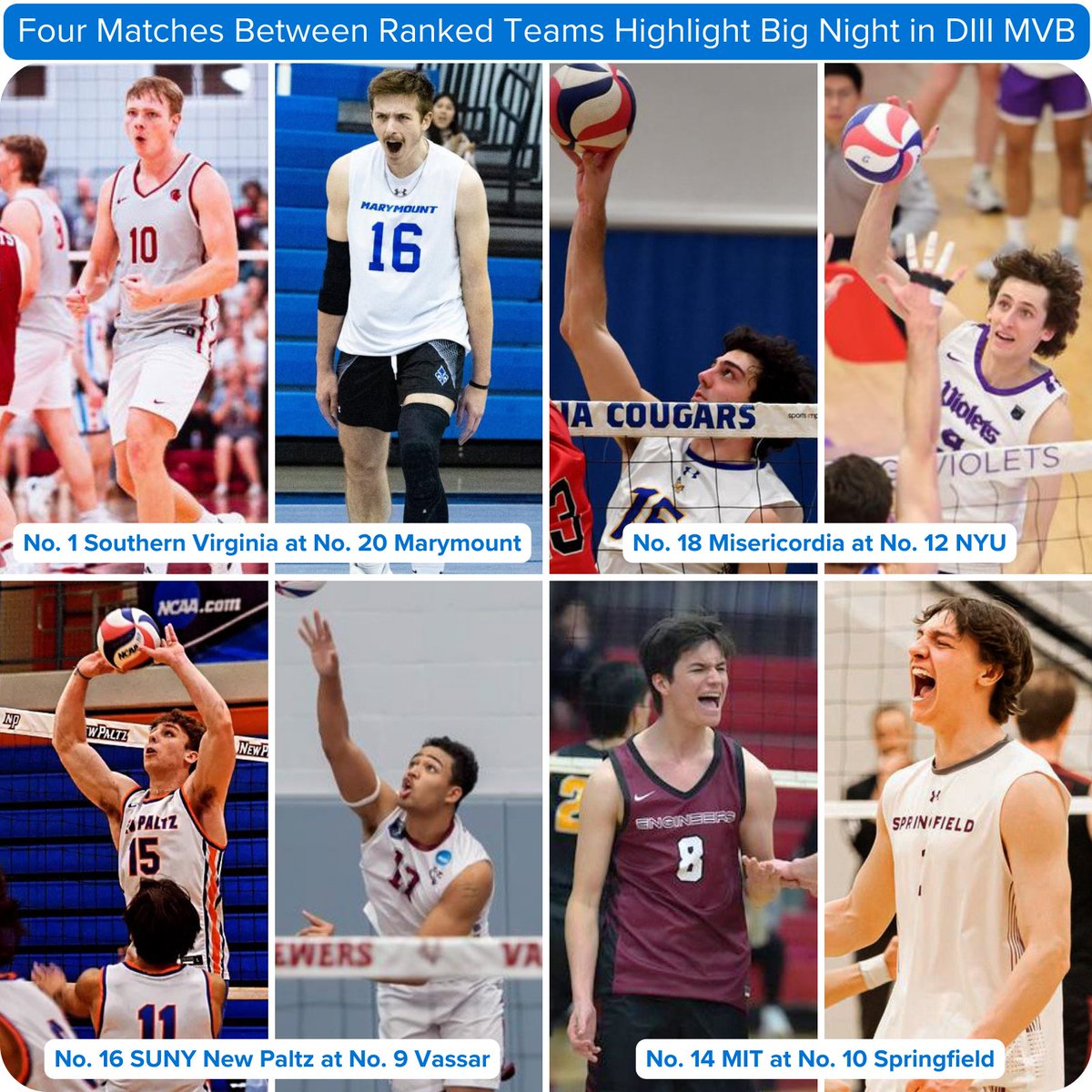 It is a huge Wednesday in Division III men’s volleyball, as 13 of the teams in the new AVCA/NVA Top 20 Poll are in action. Tonight’s schedule includes four matches between ranked teams. Streaming info: avca.org/news-events/vo… #WeAreAVCA #NCAAMVB