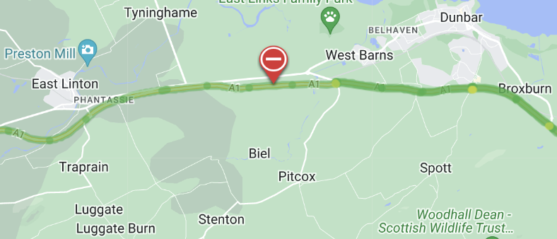 trafficscotland's tweet photo. @SETrunkRoads NEW❗️⌚️20:18
🛣️#A1 - Thistly Cross Roundabout (Northbound)
⛔️Northbound carriageway remains CLOSED between East Linton and Dunbar due to flooding
⚠️Please use #Altroutes if possible
🚨 Police are at the scene
@SETrunkRoads https://t.co/smRVE1Ty1q