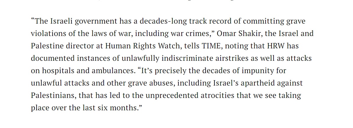 'The Israeli govt has a decades-long track record of committing.. war crimes.. it’s precisely the decades of impunity for unlawful attacks & other grave abuses, including Israel’s apartheid against Palestinians, that has led to the[se] unprecedented atrocities..' @hrw