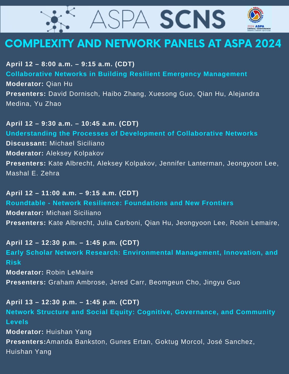 #ASPA2024 is around the corner. Who is joining us in these amazing panels organized by the Section on Complexity and Network Studies? 🔥

Gather round nodes around the world!
<a href="/ASPANational/">ASPA National</a>