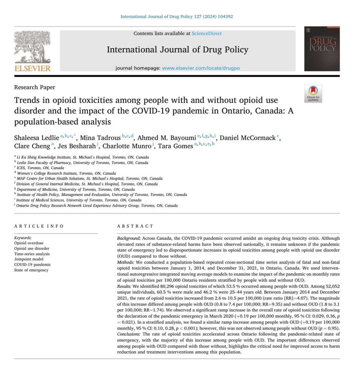 “Trends in opioid toxicities among people with and without opioid use disorder and the impact of the COVID-19 pandemic in Ontario, Canada: A population-based analysis” by Shaleesa Leslie et al (2024) via @ijdrugpolicy. Link: sciencedirect.com/science/articl… #DrugPolicy