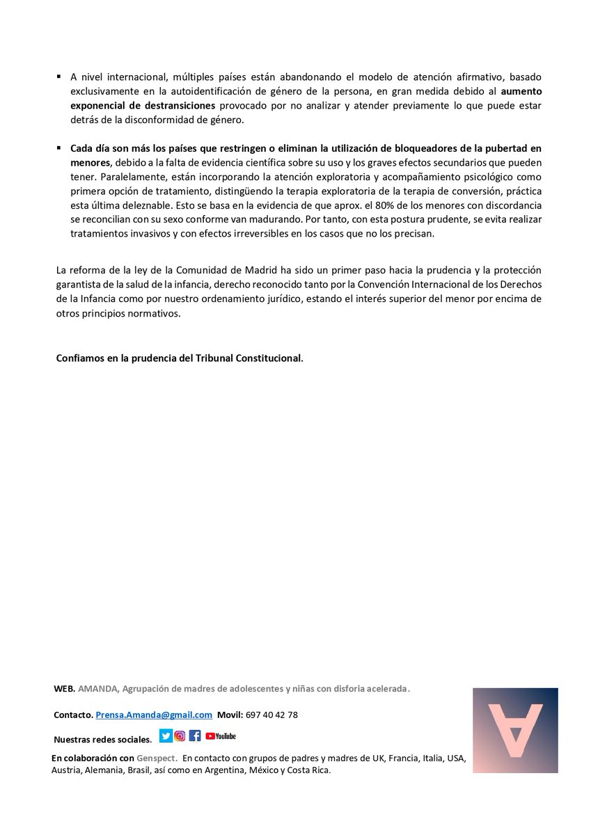 COMUNICADO: Seguiremos protegiendo a nuestras hijas e hijos y confiamos en la prudencia del @TConstitucionE respecto al recurso interpuesto por @DefensorPuebloE 1/