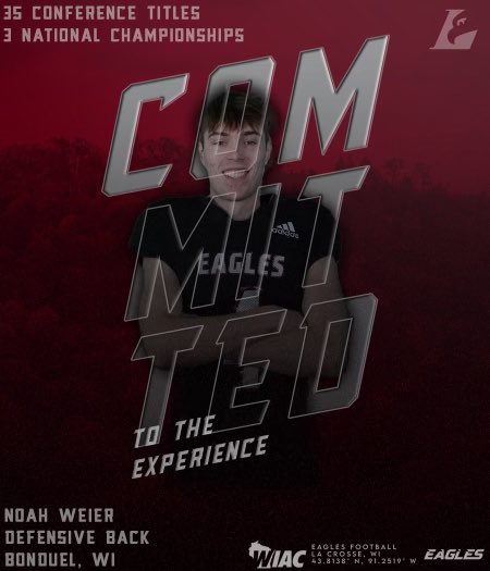 Noah Weier (@noah93788784) on Twitter photo 100% Committed. Thanks to all my coaches, family, and teammates. Canāt wait for #TheExperience with <a href="/UWLEagleFB/">UW-La Crosse Football</a>! 100% Committed. Thanks to all my coaches, family, and teammates. Canāt wait for #TheExperience with <a href="/UWLEagleFB/">UW-La Crosse Football</a>!