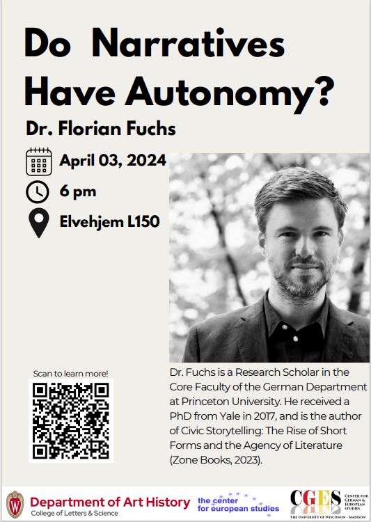 Join us today @ 6PM for Florian Fuchs's lecture 'Do Narratives Have Autonomy' in Elvehjem L150! @uw_arthistory