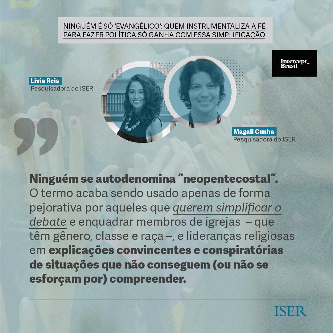 🙏🏼 Em artigo para o <a href="/TheInterceptBr/">Intercept Brasil</a>, <a href="/magalicunha/">Magali Cunha</a> e <a href="/livia_reis_s/">Lívia Reis</a> debatem a simplificação que jornais de todo o país fazem dos evangélicos, o que acaba por ocultar o papel das igrejas históricas no alinhamento com a extrema direita.

Leia em: intercept.com.br/2024/03/27/nin…