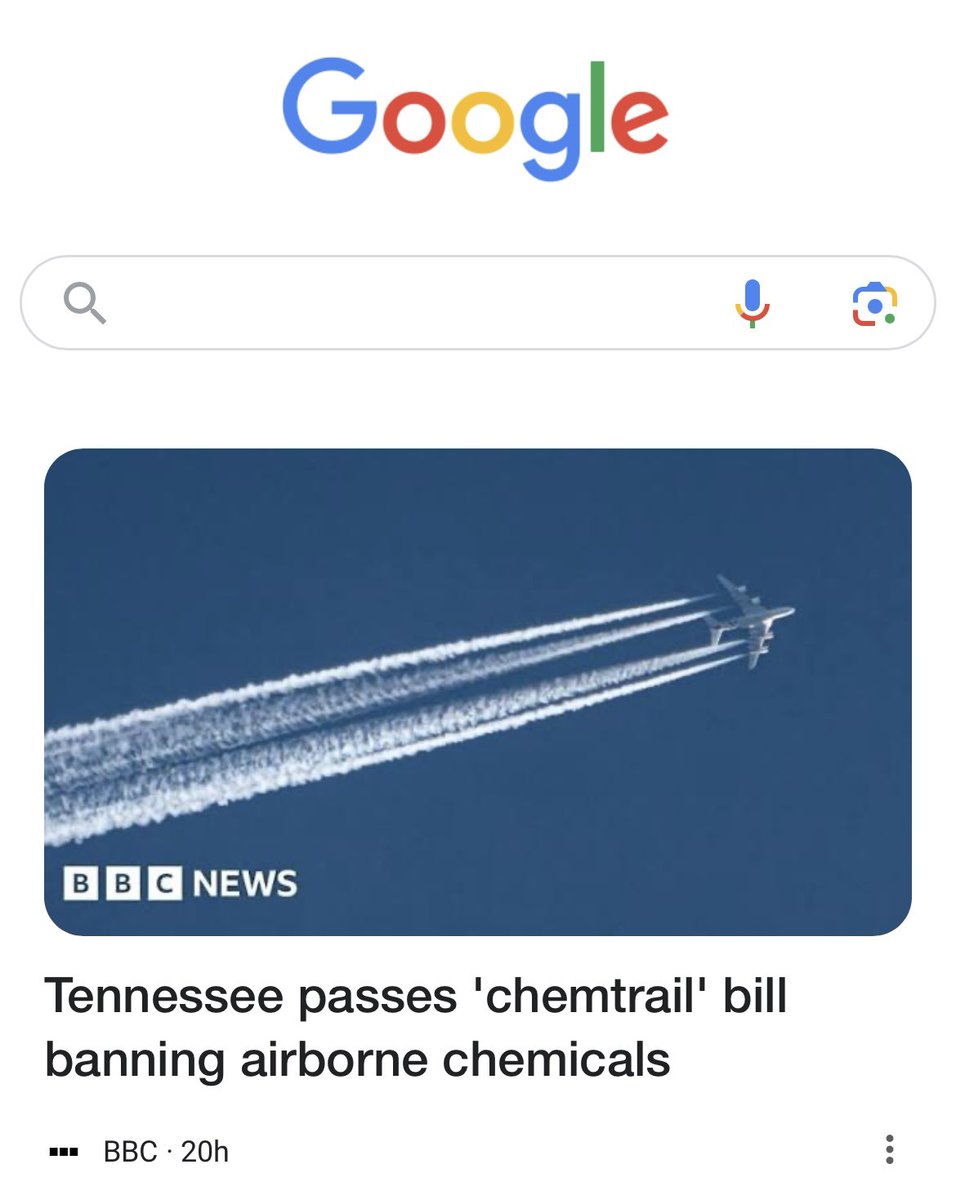 The front page of Google today. I never saw this one coming but the plandemic finally got people questioning these globalist science experiments. Tennessee #GeoEngineering bill passed house and senate, now heads to Governor’s desk to become law. #Chemtrails #Agenda2030 #HAARP