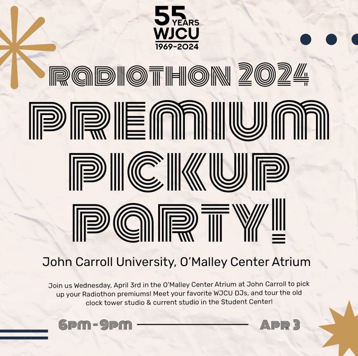 TODAY IS WJCU’s Premium Pickup Party! Come pick up your Radiothon premiums, meet your favorite DJs, and tour our studios!

Wednesday, April 3rd
6pm - 9pm
O’Malley Center, John Carroll University

If you can’t make it, your premium will be shipped to you!

Hope to see you there!