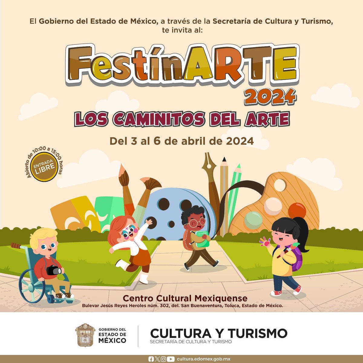 La @CulturaEdomex te invita al #FestínArte 2024 en el Centro Cultural Mexiquense, en donde los pequeños podrán disfrutar de actividades llenas de diversión y cultura con los #CaminitosDelArte. Entrada libre. Consulta aquí el programa completo: bit.ly/3VDvS0X ¡No faltes!