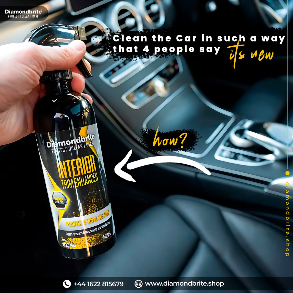DiamondbriteUK's tweet photo. Meet our Interior Trim Enhancer! 🌟 It cleans, protects, and freshens up your car's interior in one go! Perfect for plastic and vinyl surfaces like dashboards and door panels. Leaves a long-lasting shine with a nice banana scent. #Carcare #Interiorcleaner #timetoshine 🚗 https://t.co/3lO8AvQeJP