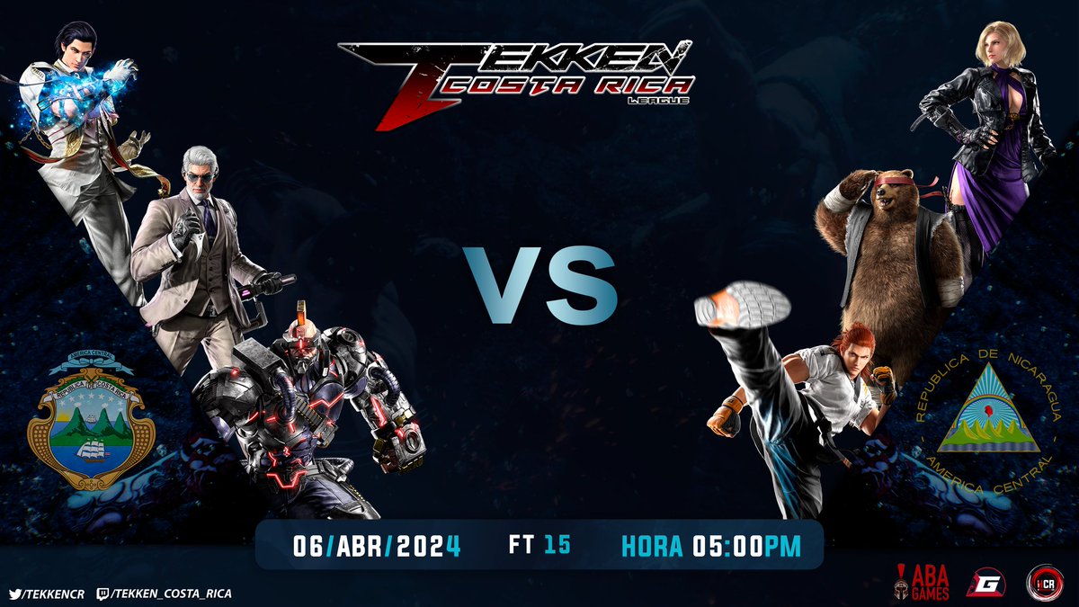 *El Canal de Tekken CR League* los invita a,

*Duelo de equipos Costa Rica vs Nicaragua* (FT15)

Team Costa Rica
ABA McLovin@McLovin248
ViciousCR
ABA Homunculus@CrHomunculus

Team Nicaragua
SAMA El Porro
SAMA Barahona
SAMA Akamaru

Los esperamos