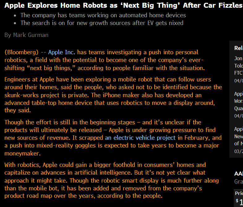 Having utterly failed at home integration, the TV, the car, etc., we are now meant to believe it's home robots. I think the word that perfectly sums up #Apple at present is 'floundering.' They are a one-trick pony that lives and dies on iPhone sales.