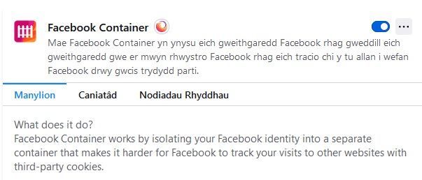 Facebook Container 󠁧󠁢󠁷󠁬󠁳󠁿 - ychwanegyn i Firefox sy'n rhwystro Facebook rhag eich tracio ar draws y we, hyd yn oed pan nad ydych ar Facebook! Mae'n safach mynd ar Facebook wedyn! 👍 Gwefan: buff.ly/43r3wZJ #yagym #Cymraeg