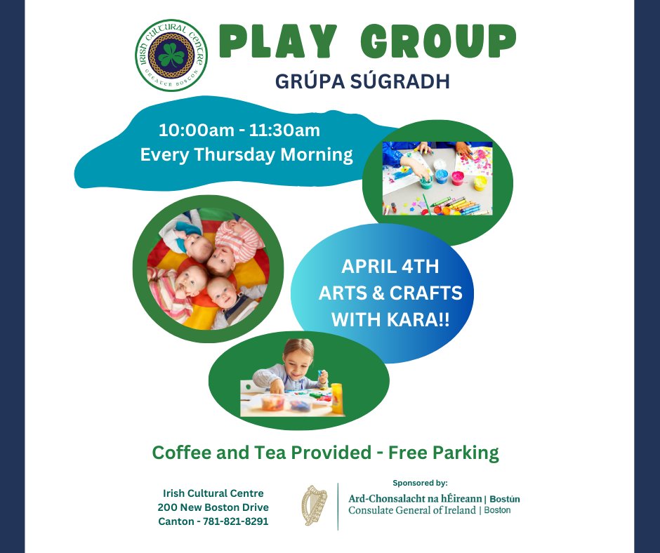 Please join us on Thursday April 4th at 10:30am for our weekly Play Group. This week we will have Arts & Crafts with Kara! Coffee and tea provided. Hope to see you! #PlayGroup #CantonMA #IrishMusic #ICCBoston