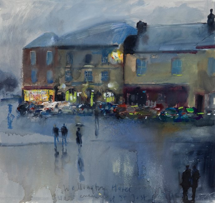 Kurt Jackson: 
Wellington Hotel Wet evening up St Just. 
November 2011 mixed media 57 x 60 cm