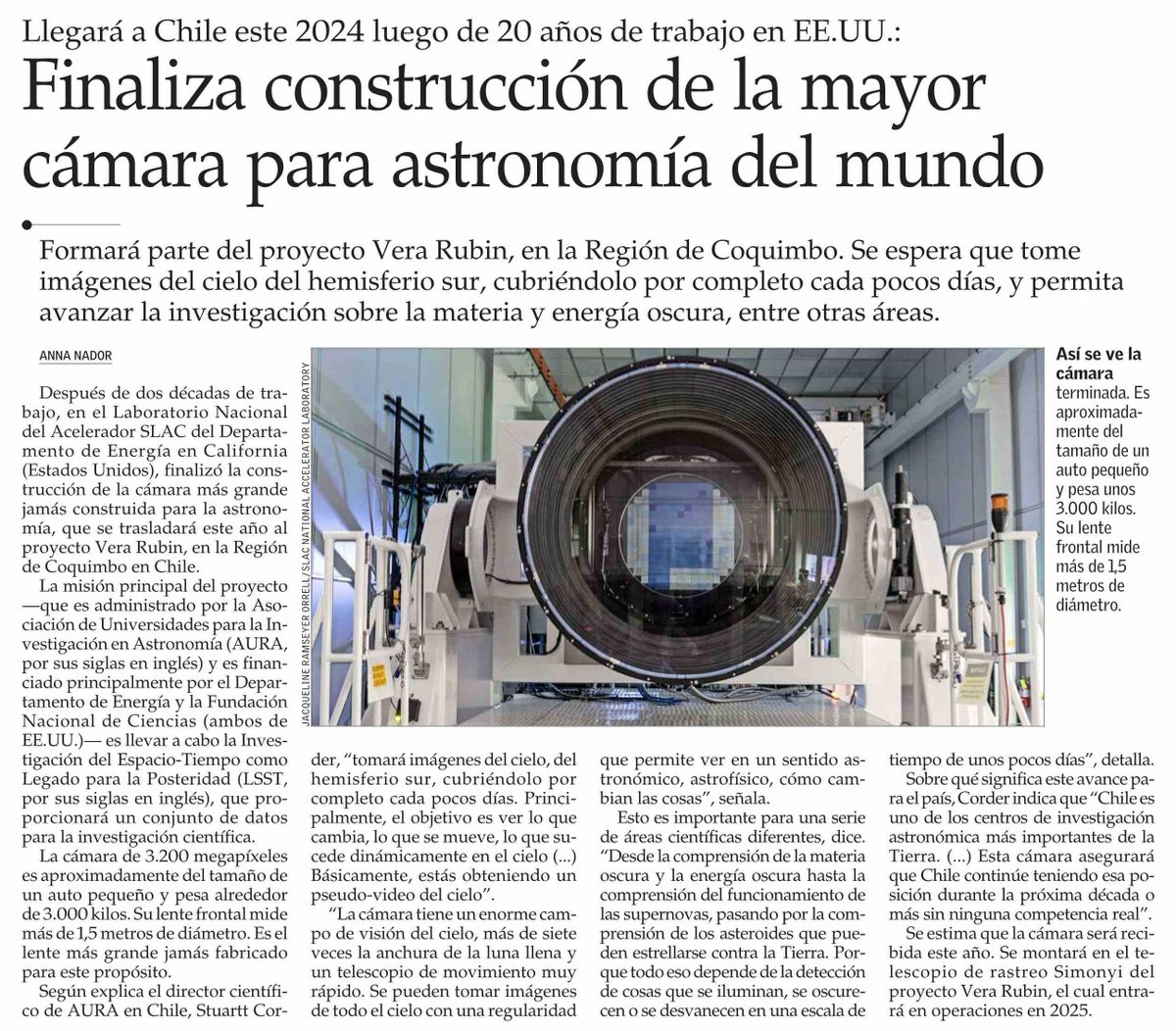 ¡La cámara de nuestro proyecto Vera Rubin está lista para ser enviada a Chile! El equipo de @SLAClab del @doescience de EE.UU. terminó un titánico trabajo de 20 años: desarrolló la cámara digital más grande jamás construida para astronomía. Vía El Mercurio #CapturarElCosmos