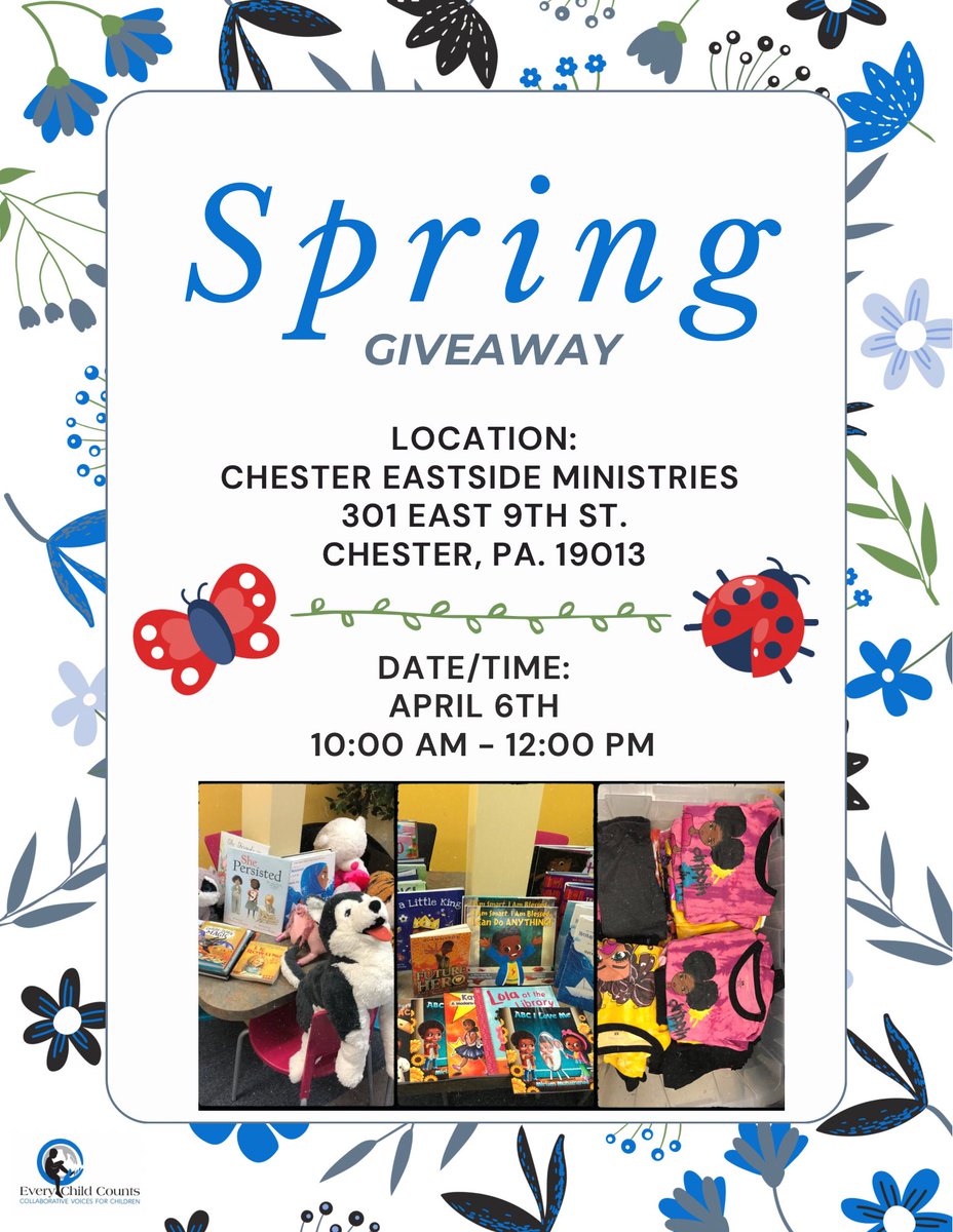 eccinc2021's tweet image. 🌸 Spring Giveaway Alert! 🌼 

Join us on April 6th, for a giveaway event at Chester Eastside Ministries, located at 301 East 9th St., Chester, PA. We're spreading the joy of spring by giving away clothes, baby essentials, and more!
#ECC #Everychildcountsinc #SpringGiveaway