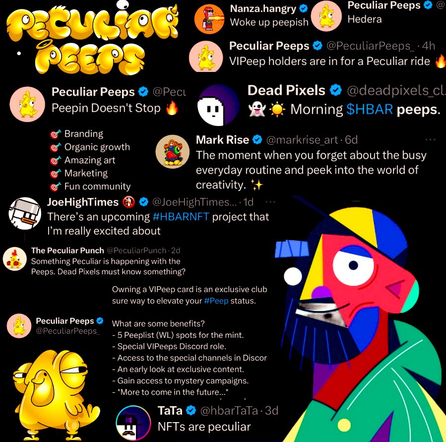 VIPeep Cards on #HBAR💥

5 Peeplist (WL) spots for Mint
Special VIPeeps Discord Role
Access to VIP channel in Discord 
Early look at Exclusive Content.
Access to Mystery Campaigns.

Talented Artist <a href="/markrise_art/">Mark Rise</a> 
Great Founder <a href="/hbar_to_moon/">Hbar to the Moon</a> 

If U Love Peeps, #HBAR, Like/Repost🐥