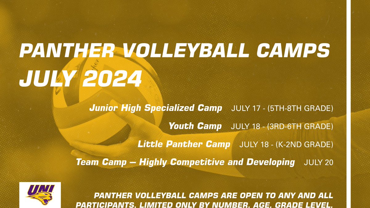 We're still accepting registrations for this summer's 𝗣𝗔𝗡𝗧𝗛𝗘𝗥 𝗩𝗢𝗟𝗟𝗘𝗬𝗕𝗔𝗟𝗟 𝗖𝗔𝗠𝗣𝗦!!! Save your spot today to join UNI coaches and players to improve your skills in a fun environment! 🏐 bit.ly/3Kz6lwD #EverLoyal #1UNI