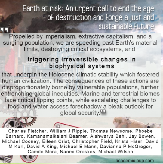 An urgent call to end the age of destruction. 'we are speeding past Earth's material limits destroying critical ecosystems and triggering irreversible changes in the biophysical systems ..which fostered human civilization..' #ClimateCrisis academic.oup.com/pnasnexus/arti…