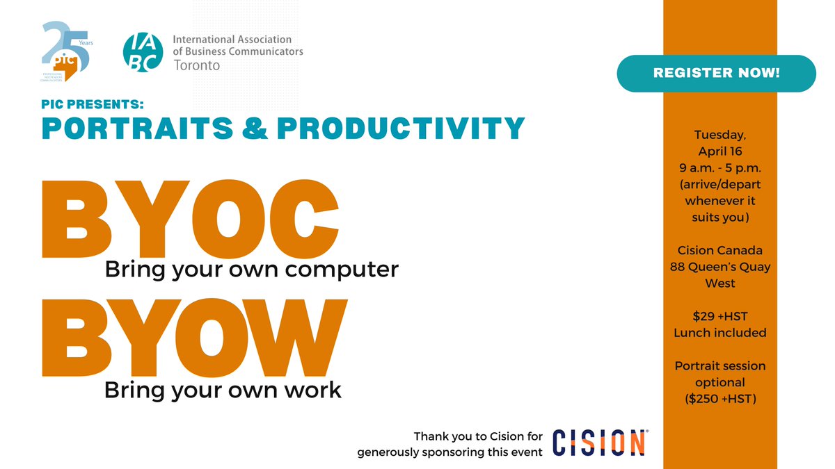 PIC members, we’re less than two weeks to our Portraits & Productivity session on April 16. Arrive any time after 9 a.m. and stay as long as you like. Morning snacks, coffee and lunch are included with your $29 ($32.77 with HST) registration. Details: toronto.iabc.to/event/pic-pres…