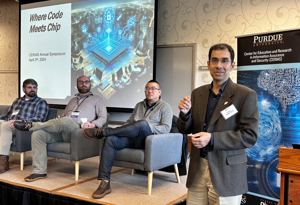 “Where Code meets Chip” panel at the @cerias Security Symposium, Purdue University. Anand Raghunathan @PurdueECE, Max Dewees @ADI_News, Nate Husted @NAVSEACrane, Prof. Dave Tian @PurdueCS @davejingtian @Research_Purdue #microelectronics #CHIPS