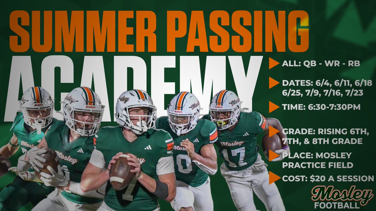 🗣️Attention all rising 6th, 7th, and 8th grade QB, WR, and RBs come join us this summer for Mosley Football Summer Passing Acd. We will work on base fundamentals and basic offensive strategies to help you learn your position. COME COMPETE Email questions to whiddtj@bay.k12.fl.us