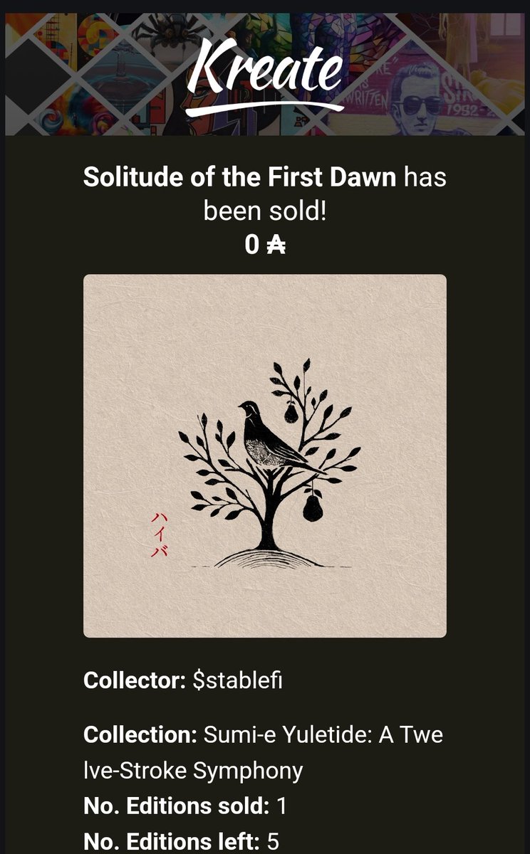 A moment of quiet contemplation now belongs to $stablefi, as they've welcomed 'Solitude of the First Dawn' into their space. Grateful for your support in the Sumi-e Yuletide journey. Only 5 editions left, in silent wait. #HajbaArt #FreeMint