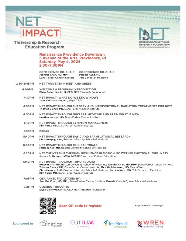 Living with NETs in the New England area? We have an excellent agenda for our in-person NET Impact Thrivership & Research patient and caregiver education conference on 5/4 in Providence, RI. Register: shorturl.at/FQ159 @PamelaKunzMD @Chris_Heaphy @ElyseGellerman @CureNETs