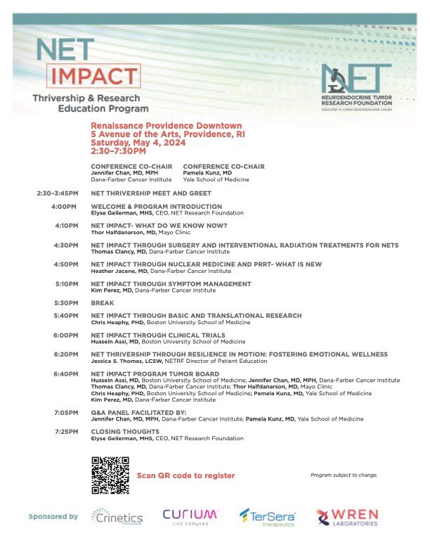 Jessica Thomas, MSW, LCSW (@jsalinisthomas) on Twitter photo Living with NETs in the New England area? We have an excellent agenda for our in-person NET Impact Thrivership & Research patient and caregiver education conference on 5/4 in Providence, RI. Register: shorturl.at/FQ159 <a href="/PamelaKunzMD/">Pamela Kunz, MD, FASCO</a> <a href="/Chris_Heaphy/">Christopher Heaphy</a> <a href="/ElyseGellerman/">ElyseG</a> <a href="/CureNETs/">Neuroendocrine Cancer Research Foundation</a> Living with NETs in the New England area? We have an excellent agenda for our in-person NET Impact Thrivership & Research patient and caregiver education conference on 5/4 in Providence, RI. Register: shorturl.at/FQ159 <a href="/PamelaKunzMD/">Pamela Kunz, MD, FASCO</a> <a href="/Chris_Heaphy/">Christopher Heaphy</a> <a href="/ElyseGellerman/">ElyseG</a> <a href="/CureNETs/">Neuroendocrine Cancer Research Foundation</a>